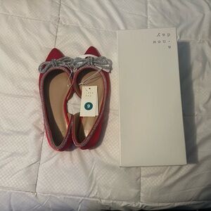 Red silk rhinestone flats